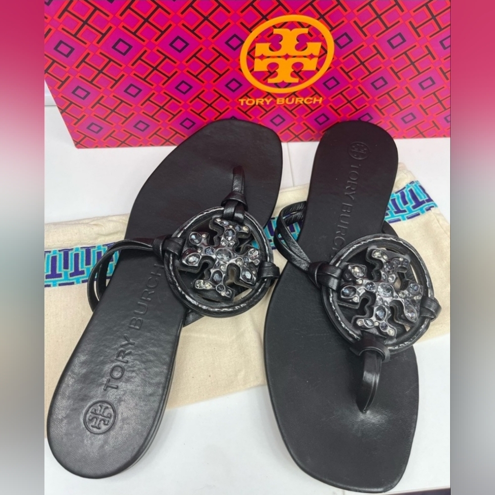 Tory Burch Designer Jeweled Miller Napa Black Leather Sandal Flip Flop Thong 9.5 - Picture 1 of 12